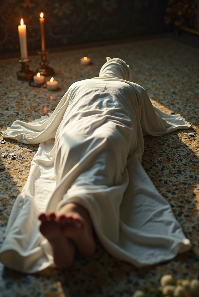 Dead Grandmother covering in a white cloth and laying on floor