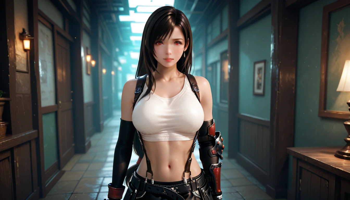 a close up of a woman wearing a black top and jeans, seductive tifa lockhart portrait, tifa lockhart, anime girl cosplay, seductive anime girl, tifa, attractive anime girl, beautiful alluring anime woman, tifa lockheart, anime girl in real life, trending at cgstation, anime goddess, realistic anime 3 d style, full body xianxia