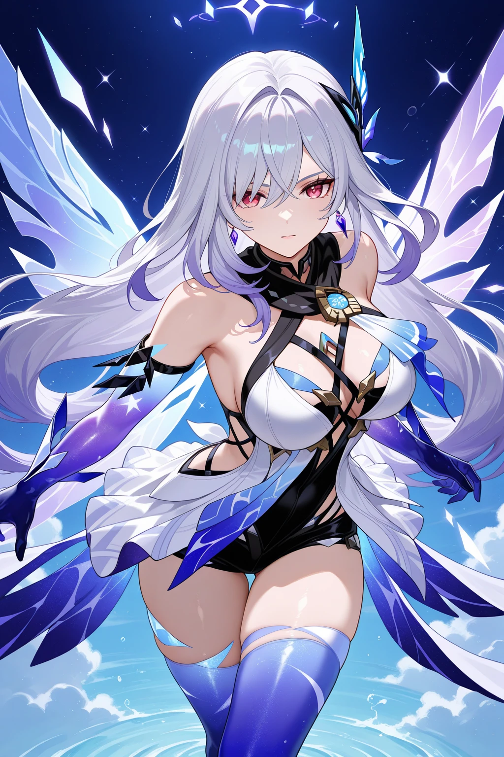 (pinup, poster), ultra realistic, beautiful, masterpiece, super cute face, lanky, swan helmet with a transparent glass plate like a beak covered the front face, cloak with jagged shapes in the end, white thigh highs, white elbow gloves, white belt, pink superhero-like suit, naturally sexy, {masterpiece:1.3}, {best quality:1.2}, {ultra-detailed::1.4}, exquisite make-up face:1.2