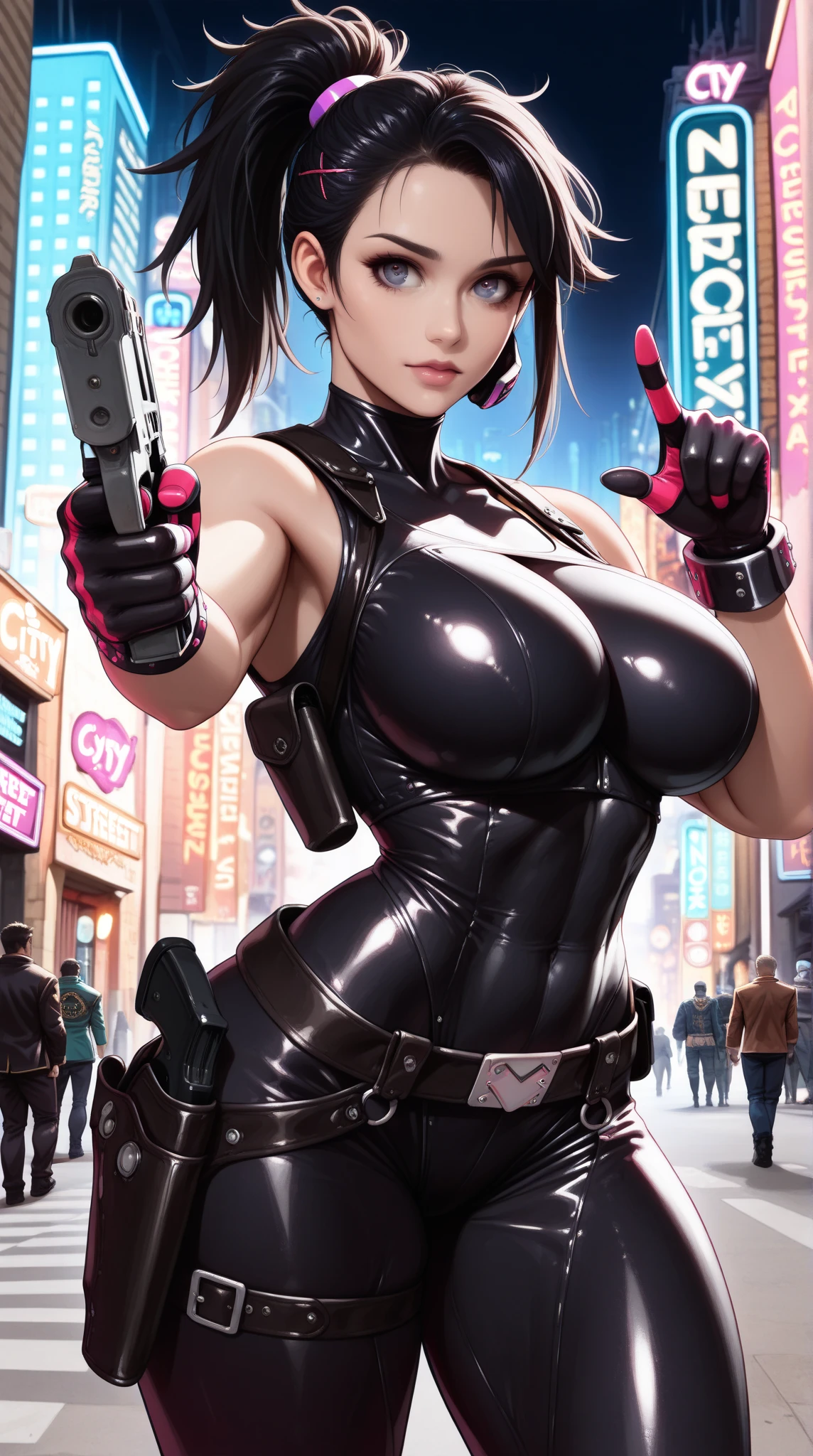 cyberpunk style,30-year-old mature and charming woman,Leather jumpsuit covers the whole body,full breasts, huge breast, huge breast, huge breast, huge breast, huge breast,High-heeled leather shoes,Pointing a laser gun at me,open fire,(There are many small pieces of gravel floating in the air around me.:1.5),Beautiful,Glowing special effects,celluloid style,Flat coating,HD,CG art,comics,8K,looking into camera,high quality,illustration,Vaporwave style,rim light,movie lighting,Super detailed,complex,OC renderer,cinematic perspective,high resolution