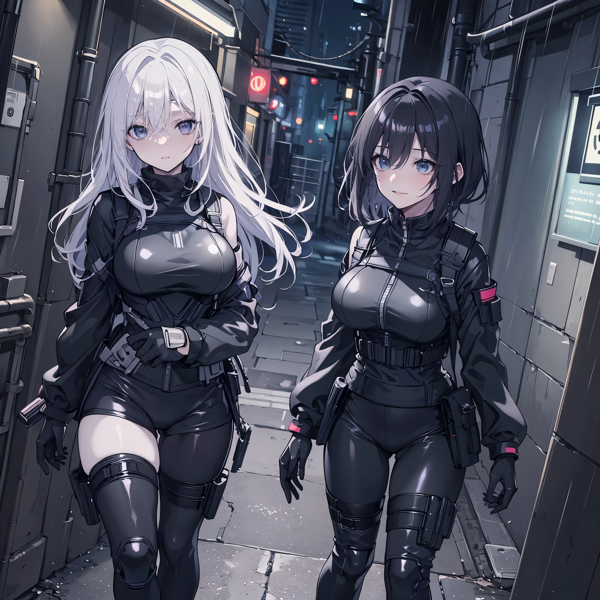 ((best quality)), ((masterpiece)), (detailed), anime girl gesture, walking, (looking away),  shy look, short black hair, , , ,ojos detaileds, ojos azules, (((pale skin))), tactical hip covers,   harness , ((battlesuit tight black)) ((black gloves)), ((shiny black tight leggings)), Special mission, ((at night)), ((dark alley)), city, heavy rain, Approach,

