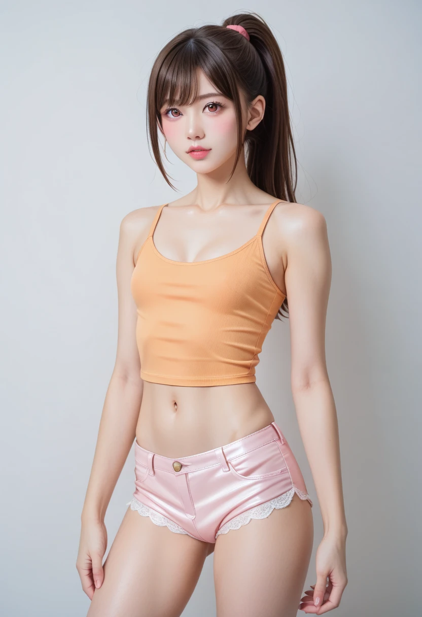 Best Quality, Masterpiece, high resolution, detailed, digital illustration, HikariDigi02, Brown hair, 1 girl, yellow shorts, pink and white top, pink gloves, Hair clip, whistle, outdoor, park,