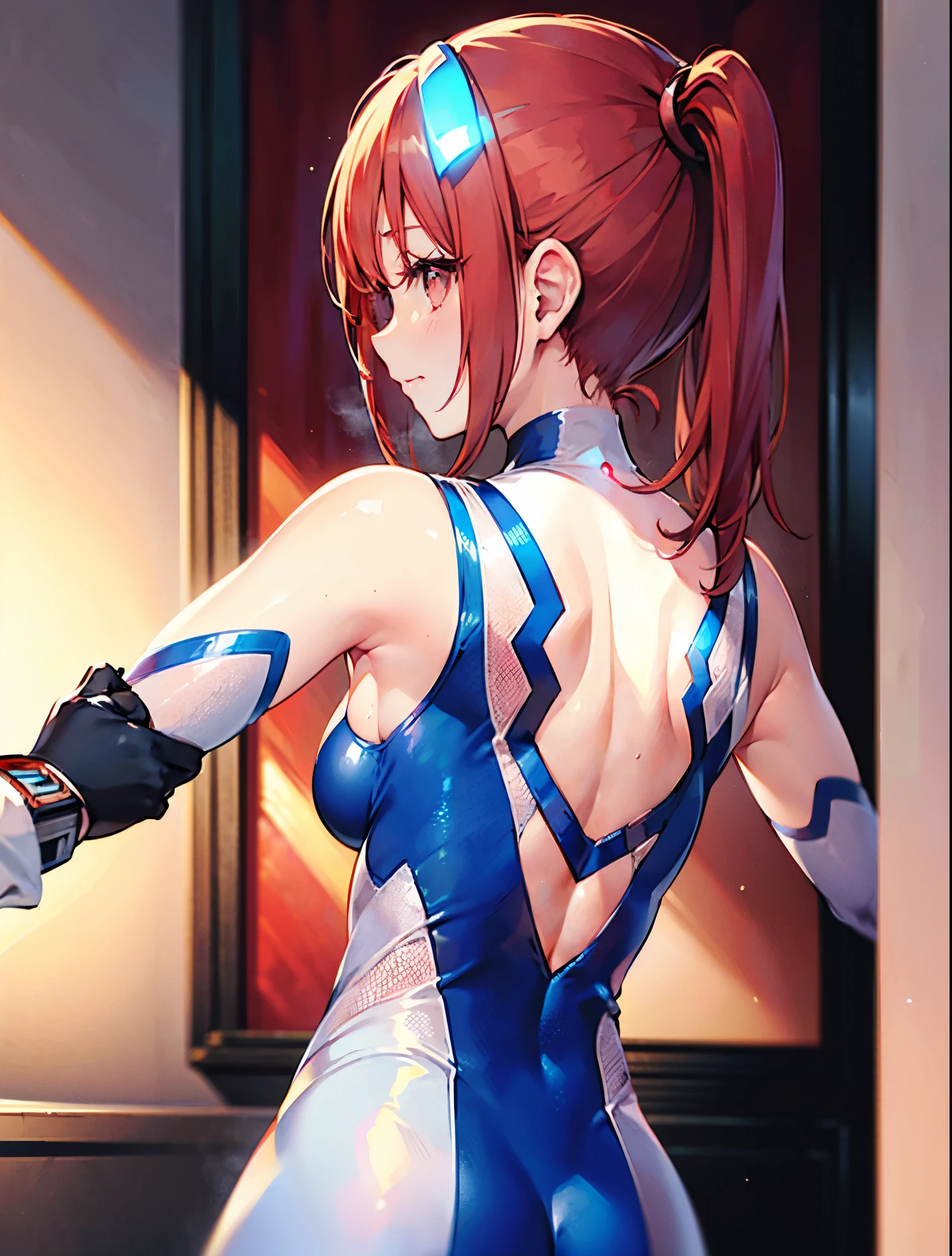 (masterpiece, best quality), best resolution, (2heads:1.5), 1girl, gymnast, red hair, blue eyes, smiling, determined, blue leotard, stretching arms over head, gymnastics competition venue