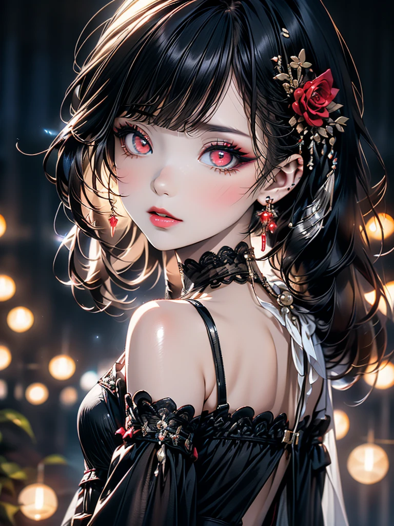 1girl , mature , adult, Solo, tall, wavy hair, large eyes, Shy face, smiling, luxury set, lace panties, (intricate lace black panties), perfect breast (intricate lace bra) fishnet, boots, (from front:1.3), symmetrical, fierce woman, intense gaze, risograph