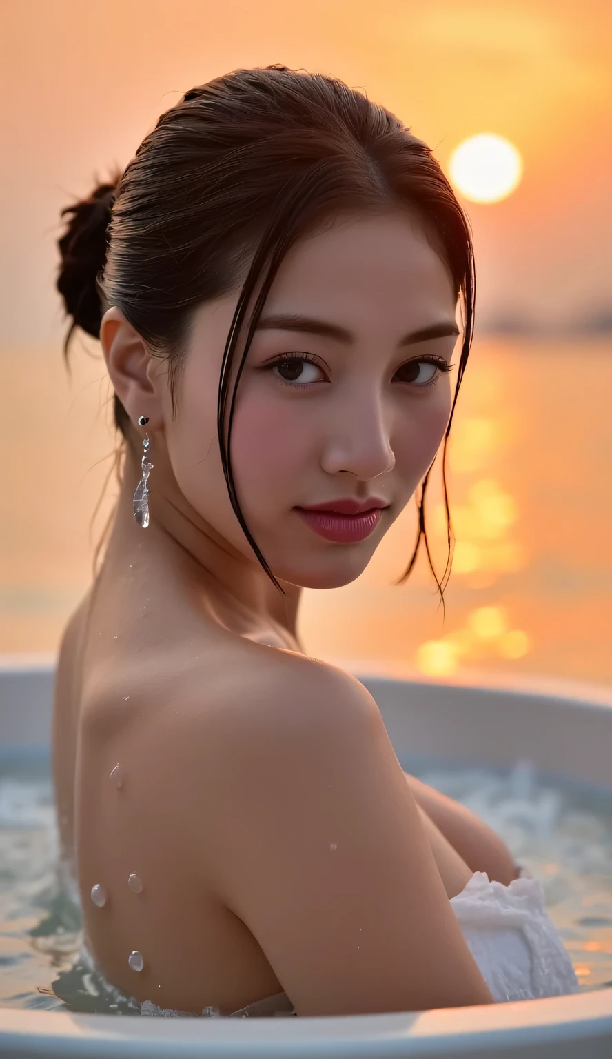 High Quality Hot Spring Magazine Cover,Side angle photo of a beautiful woman wrapped in steam,Figure soaking up to the shoulders, beautiful posture、An elegant hairstyle with black hair tied loosely tied up,Perfect Proportions,soft smile,(not wearing anything)、 beautiful décolletage,White Wet Skin and Hair,no makeup,open your mouth、An expression with an ephemeral sex appeal,An open-air bath with a secluded view of pure white hot water where a beautiful sunset sparkles on the surface of the water,The flashes of the sunset accentuate her silhouette and hair,romantic atmosphere, chiaroscuro,4K Hi-Res,HDR,PROFESSIONAL,realistic,Photorealistic,Precision Detail,Studio Writing,Bokeh,deep color,Refined Colors