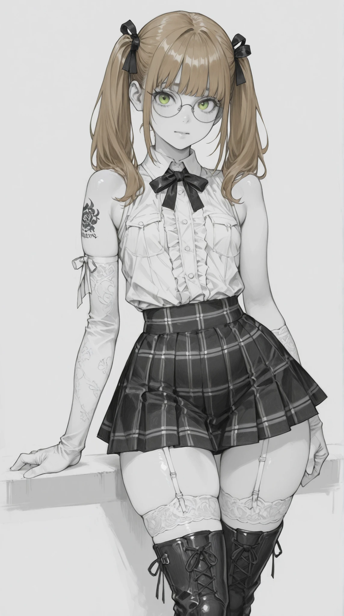 Freehand sketch with simple pencil. (((black and white))) . Young woman with blond brown hair, bob square, smooth straight hair , 18 years old,  skinny,    not tall   ,  green eyes, .  wide hips. round glasses. sexy.  Right arm and shoulder tattoo. Sexy naughty schoolgirl costume. Plaid pleated tight miniskirt, open belly blouse. sexy tapes. Sexy lace garter stockings. thigh high sexy boots на высоком каблуке и платформе with ribbons. elbow length lace gloves. Two long straight ponytails. monochrome. Pearls and ribbons. Raw pencil sketches. Posing sexually to illustrate. Blueprint