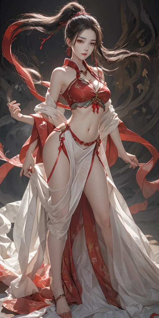 Best quality, masterpiece, super high resolution, 1girl, white hair, off-the-shoulder, translucent hanfu, silk material, silk luster, low-key, cold light, (low cut, big breasts, 36d, big breasts, sexy, buttocks, hot, big breasts, cleavage, big tits), detailed, aesthetic, peach blossom
