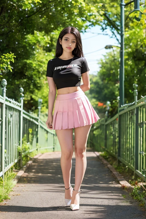 cute teenage girl, Height about 160cm, brown eyes, big breasts,Pink Tennis Wear、wear a white pleated skirt、 full body shot、Glossy pose、long straight black hair, masterpiece, 最high quality, 超high quality, high quality, High resolution, ultla High resolution, disorganized, 4k, 8K, 16k, very detailed, Complex, great shading, high contrast, realistic, photo realistic, RAW photo, photo shoot, super detailed illustrations, shortening, perfect anatomy, correct anatomy, perfect proportions, perfect face, perfect hands, perfect legs, perfect fingers