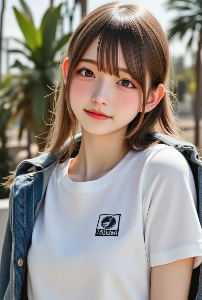 (8K、Raw photography、top-quality、masterpiece:1.2)、(realisitic、realisitic:1.37)、超A high resolution、photon maping、Physically Based Rendering、1girl in、(brunette:1.3)、long legged、A detailed face、A detailed eye、is standing、Look at viewers、(Light Smile Cute:1.2)、(Happiness)、Healing cute、(Soccer Field:1.2)、(early evening:1.2)、sweat pant、Open Sports Jacket、white t-shirts