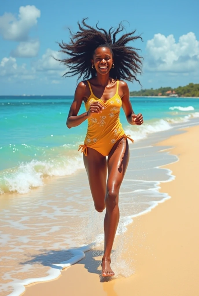 Rihanna qui court sur la plage en maillot de bain