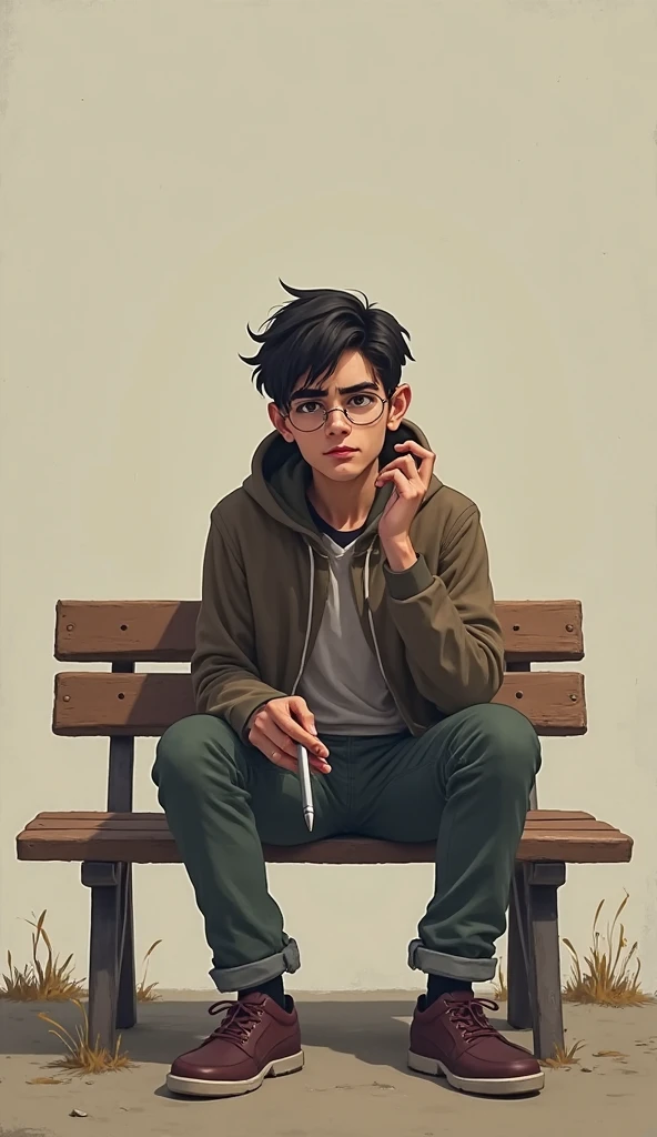 Boy sitting on bench, semi-wide hair, brown square glasses, green flannel, dark blue jeans, smoking, tired and black eyes