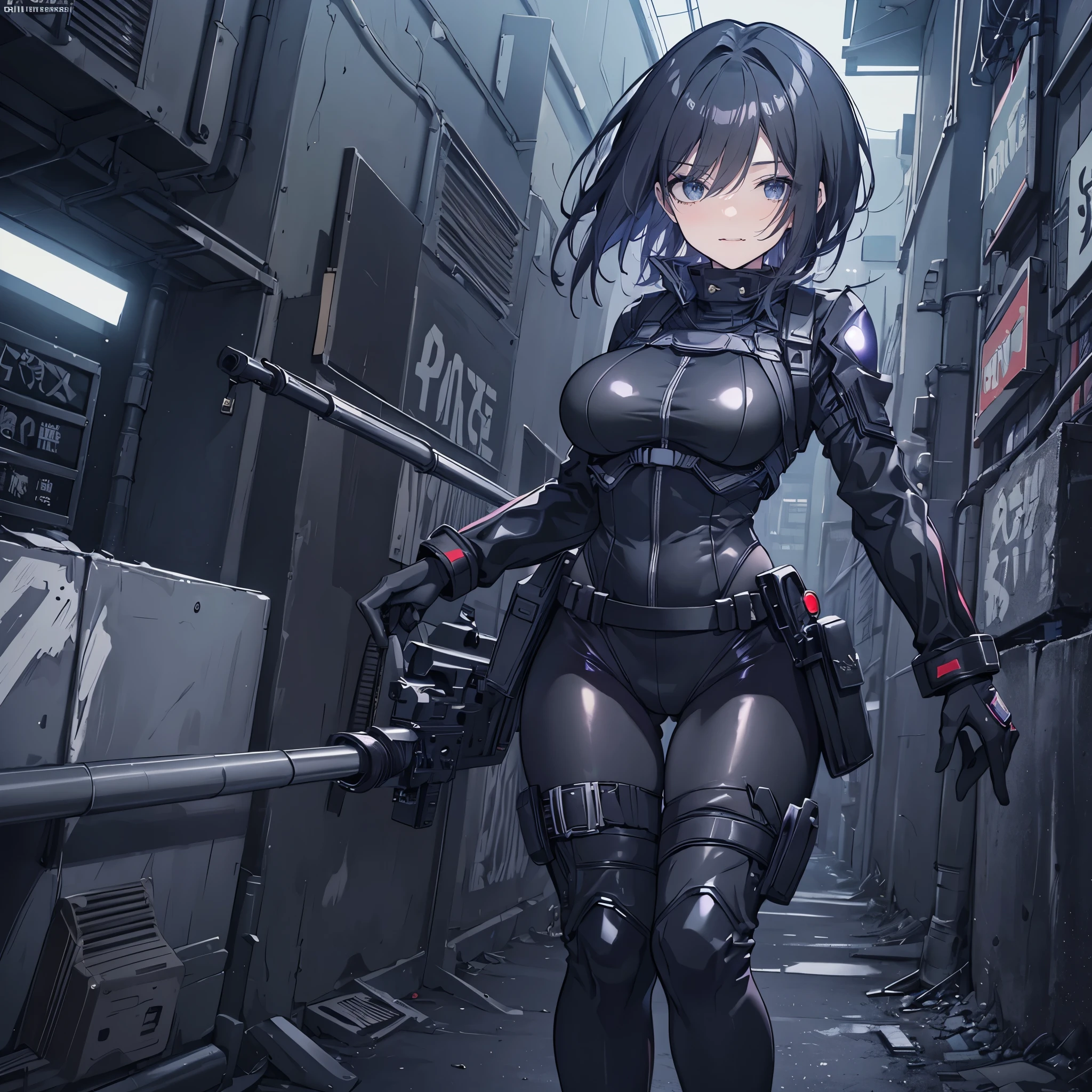 ((best quality)), ((masterpiece)), (detailed), anime girl gesture, walking, (looking away), shy look, short black hair, big breasts, sexy, ,ojos detaileds, ojos azules, (((pale skin))), tactical hip covers, chest harness , ((battlesuit tight black)) ((black gloves)), ((shiny black tight leggings)), Special mission, ((at night)), ((dark alley)), city, heavy rain, Approach,