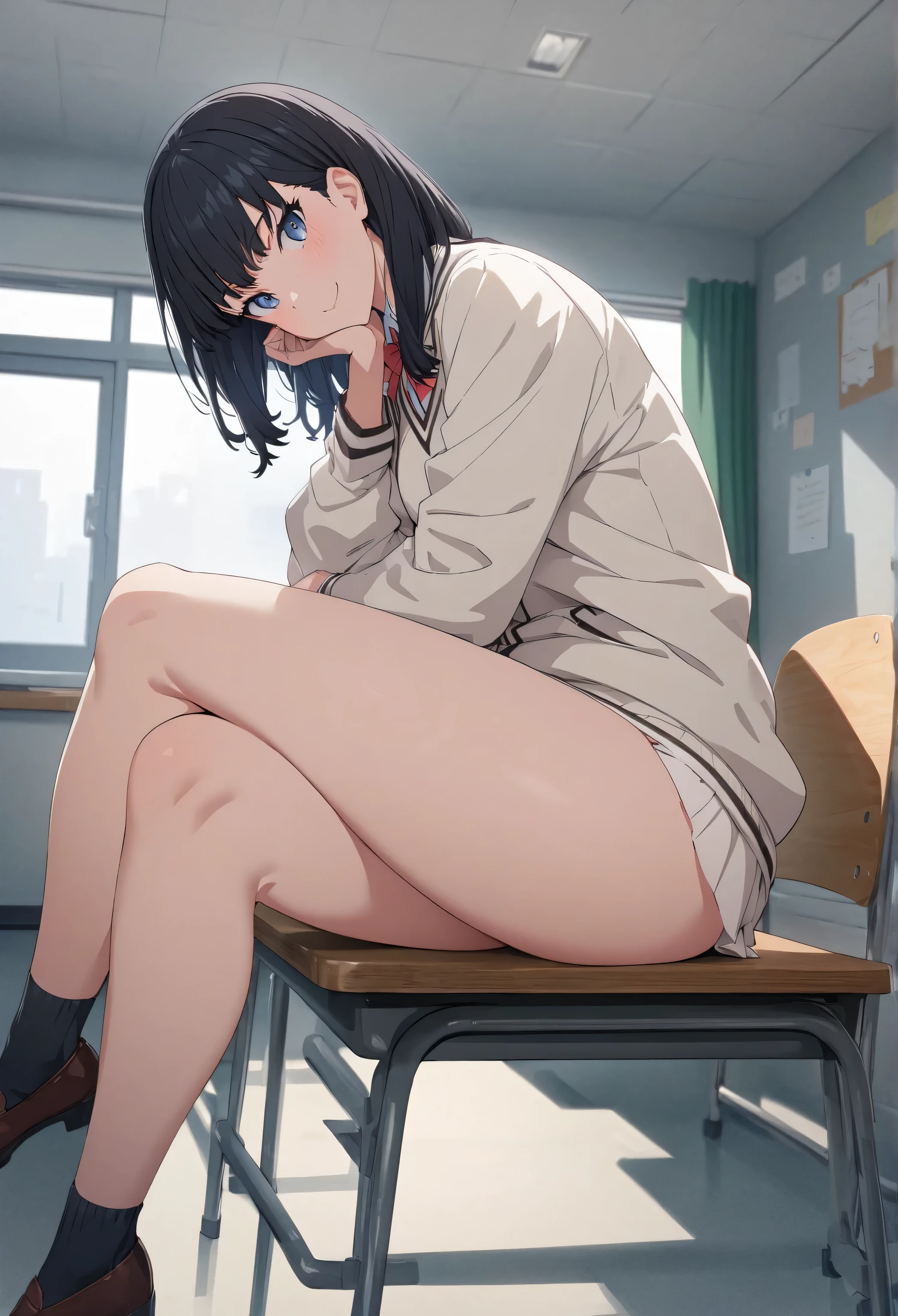 ((best quality)), ((masterpiece)), (detailed), perfect face, classroom, 16yo teen girl, (((sitting with legs crossed))), ((((plain white button shirt)))), ((dark blue pleated skirt)), (((plain pink panties))), (((upskirt peak))), skinny thighs, skinny waist, ((shy surprised:1.2))