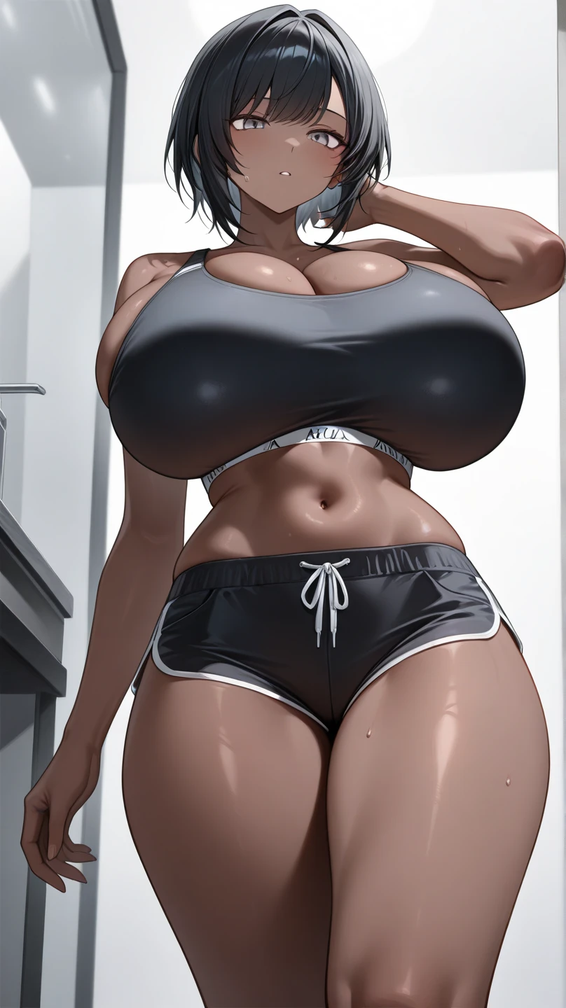 Nude, short black hair, tall, shiny skin, glossy skin, huge breasts, fit, dark skin, very dark skin, tall, genitalia focus