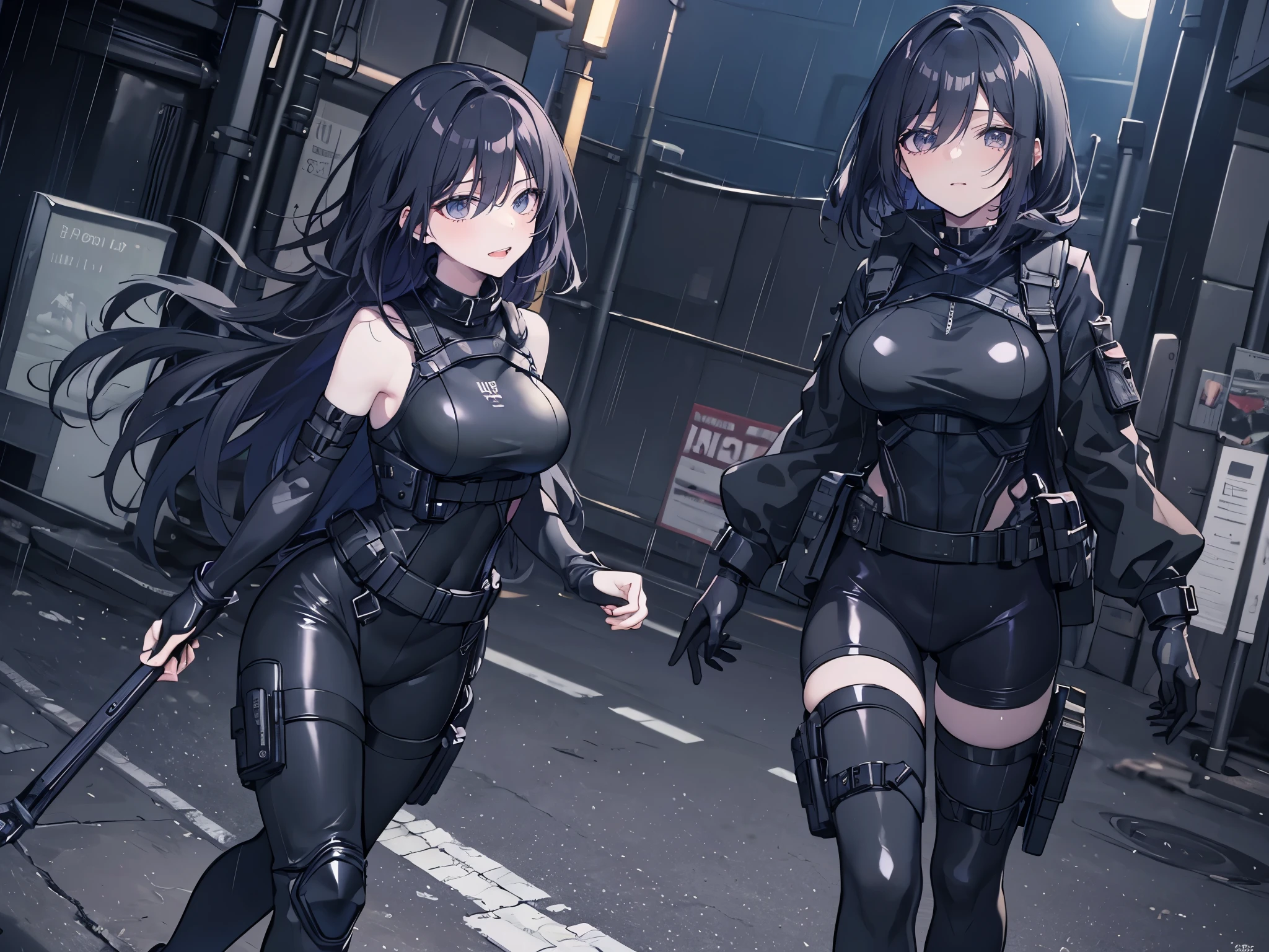 ((best quality)), ((masterpiece)), (detailed), anime girl gesture, walking, (looking away), shy look, short black hair, big breasts, sexy, ,ojos detaileds, ojos azules, (((pale skin))), tactical hip covers, chest harness , ((battlesuit tight black)) ((black gloves)), ((shiny black tight leggings)), Special mission, ((at night)), ((dark alley)), city, heavy rain, Approach,