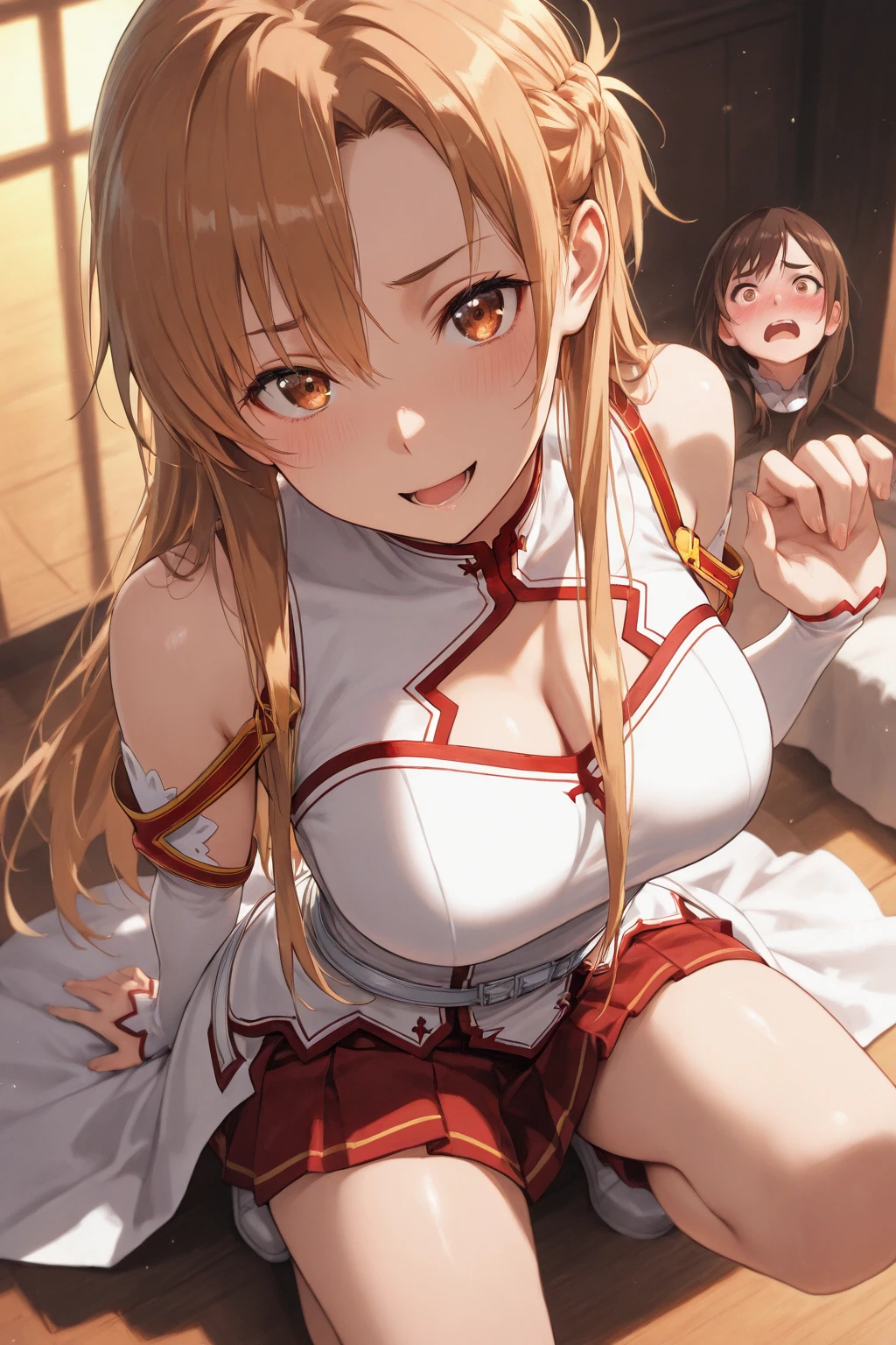 {{{masterpiece}}}, {{{best quality}}}, {{ultra-detailed}}, {illustration}, {{an extremely delicate and beautiful}}, (beautiful detailed eyes:1.6), extremely detailed face, 16k, anime face, NSFW, Yuuki Asuna(sao), aaasuna, Eft_sao_asuna, cute face, long hair, brown hair, braid, brown eyes, medium breasts, thin waist, big hips, curvaceous, bare shoulders, armor, breastplate, white sleeves, detached sleeves, red skirt, pleated skirt, white thighhighs, thighs, zettai ryouiki, BREAK, NSFW, an extremely pretty anime character being fucked by many men in lewd poses, 1girl, reverse suspended congress, breasts, hetero, penis, group sex, nipples, (SEX:1.5),{{{penis into pussy}}}, handjob, taking off clothes, open clothes, Open shirt, lift up skirt, multiple boys, multiple penises, gangbang, vaginal, double handjob, navel, pussy, solo focus, spread legs, 3boys, oral, blush, (fellatio:1.5), sweat, on back, areola slip, no panties, profile