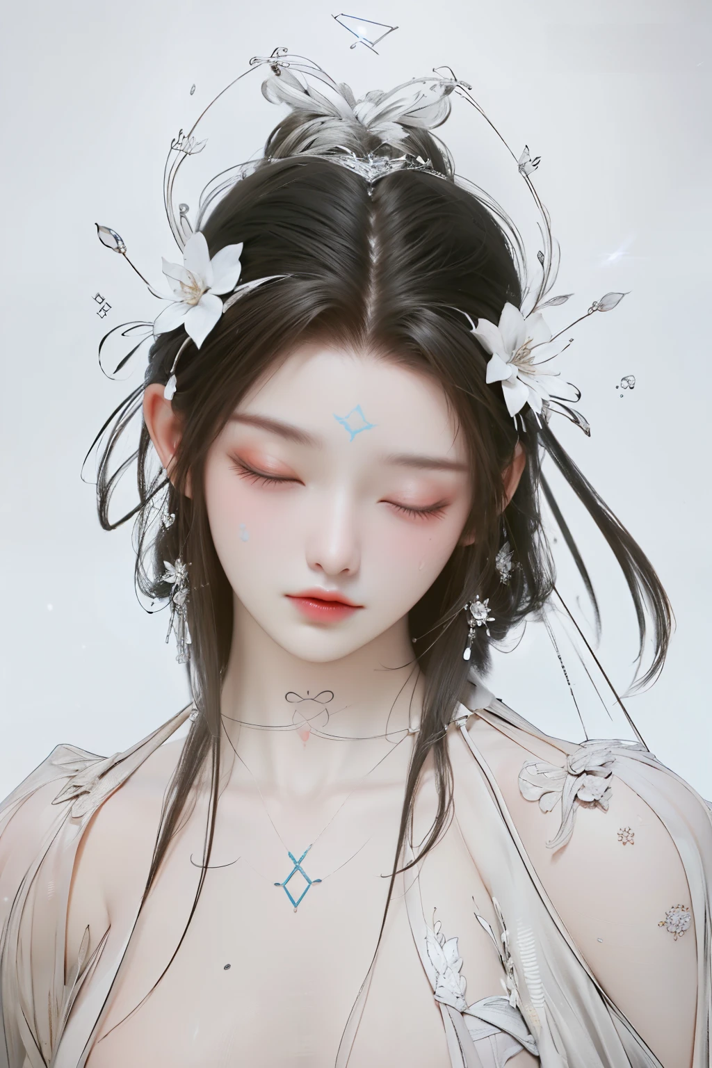 monochrome,
from_above,(small_breasts:1.2),(monochrome:1.5),lineart,sketch,lineart,monochrome,
qingyi,1girl,closed eyes,hair ornament,black hair,kaminary,solo,long hair,electricity,lips,lightning,topless,forehead mark,upper body,facial mark,closed mouth,bare shoulders,water,blurry background,flower,Get an electric shock,, best quality , masterpiece, illustration, an extremely delicate and beautiful, extremely detailed ,CG,unity,8k wallpaper, Amazing, finely detail, masterpiece, best quality,official art,extremely detailed CG unity 8k wallpaper,absurdres, incredibly absurdres, huge filesize , ultra-detailed, highres, extremely detailed,beautiful detailed girl, extremely detailed eyes and face, beautiful detailed eyes,light on face,