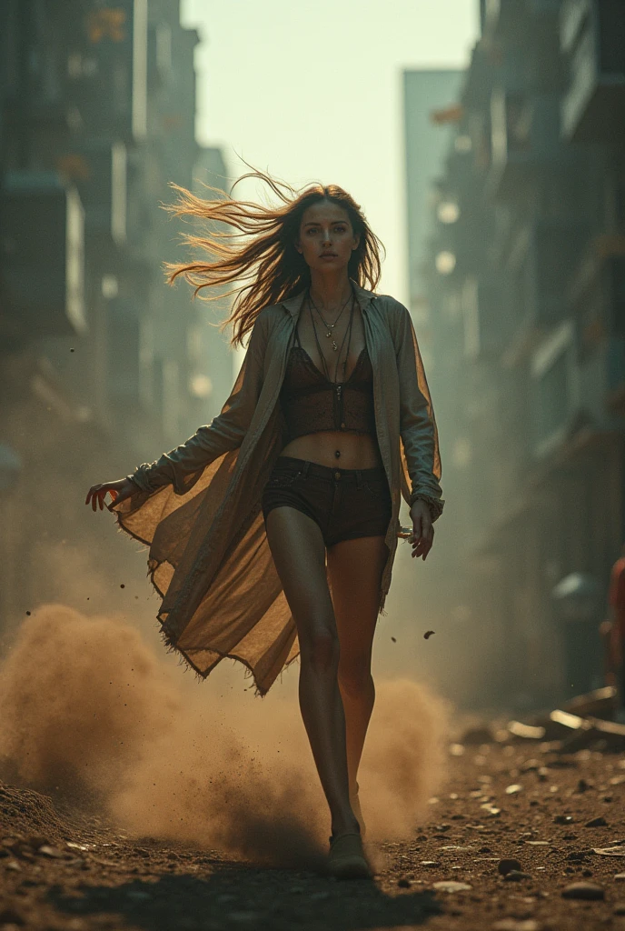 [documentary photo of "A towering blonde Giantess in a cool and laid-colorful hippie style is rocking a white crop top and baggy red skirt. (barely visible white panties). Her toned and athletic build hints at her massive strength. She seems to be casually strolling through the bustling cityscape of GTS City, as towering buildings loom overhead. Smoke and clouds roil around her, adding to the sense of epic scale and drama. The front lighting is dark, gloomy, and realistic, creating a tense and ominous atmosphere. The perspective is from below, emphasizing the sheer majesty and power of the Giantess.".], [8K, Best Quality, Masterpiece, Ultra High Resolution, (highly detailed CG unity 8k wallpaper), (best illustration), (best shadows), isometric 3D, octane rendering, ray tracing, highly detailed, (wide panoramic view: 1.1), (Best quality, 4K, 8 k, high resolution, masterpiece:1.2), absurdity, masterpiece, ultra detailed, (realistic, photorealistic, photorealistic:1.37), complex parts, HDR, (complex parts:1.12), (hyper detailed, hyper realistic, Soft lighting, spicy:1.2), beautiful figure, Magnificent Anatomy, (complex part, Hyper detailed:1.15). Blurred foreground., (Front lighting), realistic, masterpiece, high quality, brightness, chromatic aberration, by Jeremy Lipking, by Antonio J. Manzanedo, 8k uhd, smoke, shadows, contrast, clear sky, looking_at_viewer, (warm hue, warm tone), high details, natural skin pores]. 