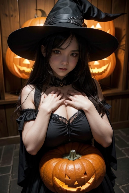 (best quality,masterpiece:1.2),detailed,perfect face,long hair,japanese,witch cosplay,eye makeup,big breasts,small nipples,bent over showing buttocks