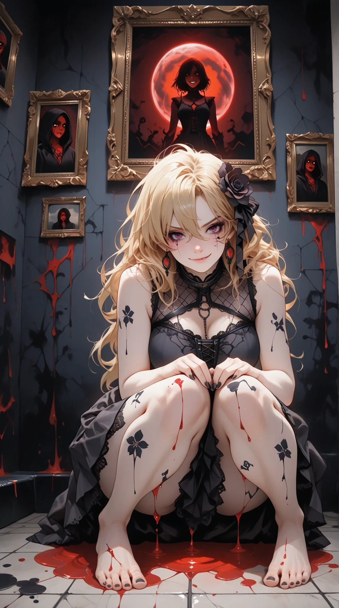 Holding a black telephone receiver、She is wearing a pretty dress、Blonde、blue eyes、Smile eerily、The knife falls to the floor、Blood splatter