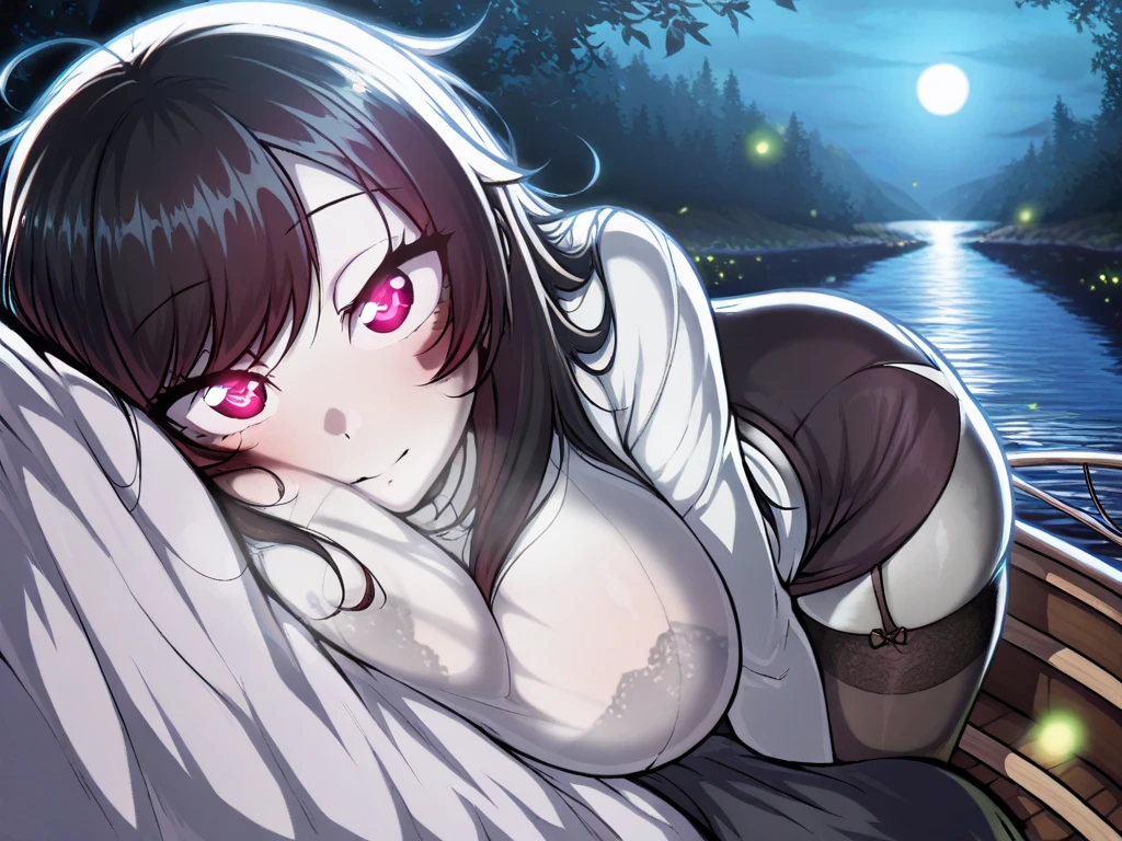 anime woman, brunette hair, blue eyes, middle part, dressed in only a sheer black night lingerie robe, thick body, mature, large breasts, nipples, mysterious, in love, under the moonlight, naked, lost
