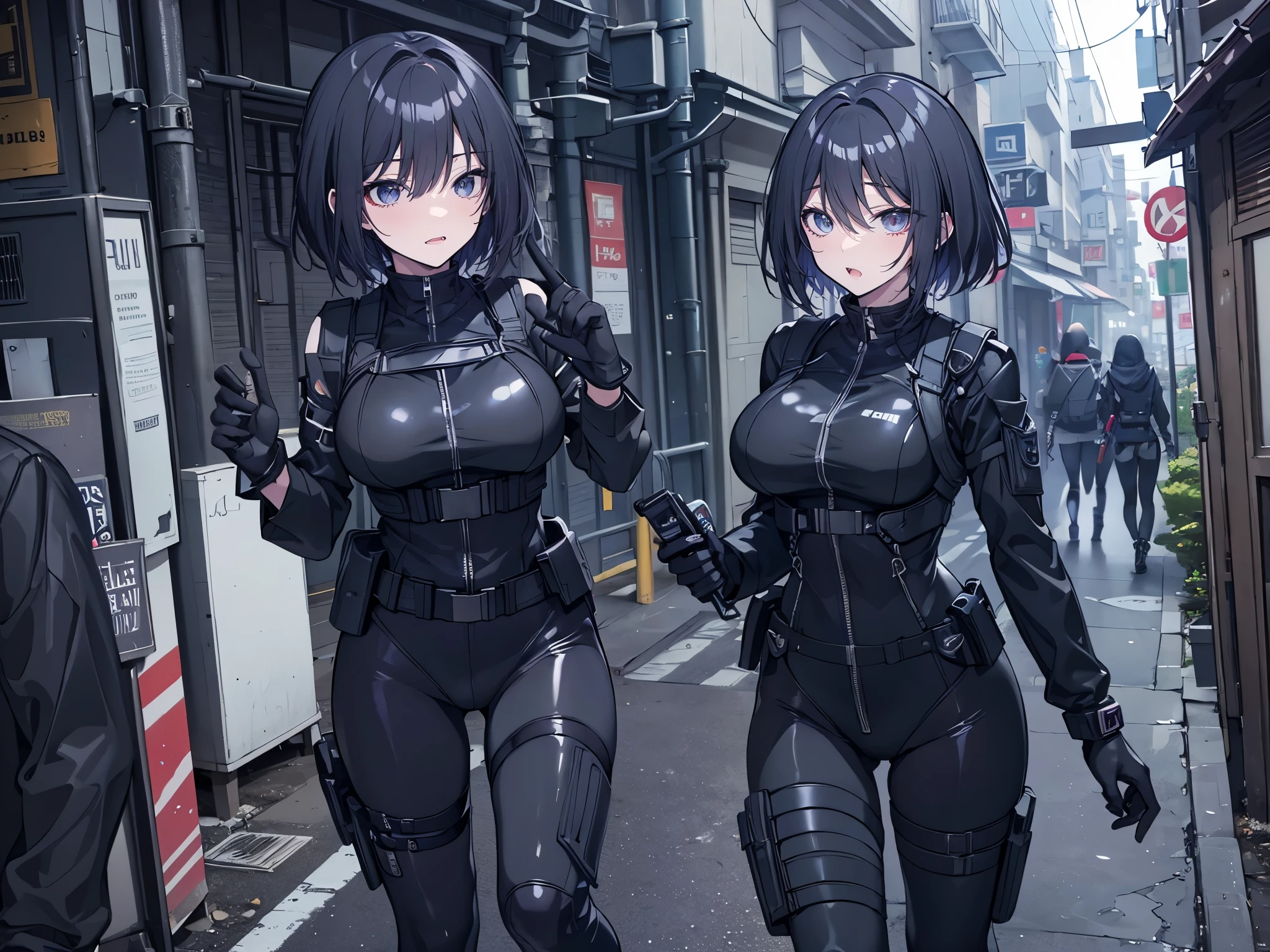 ((best quality)), ((masterpiece)), (detailed), anime girl gesture, walking, (looking away), shy look, short black hair, big breasts, sexy, ,ojos detaileds, ojos azules, (((pale skin))), tactical hip covers, chest harness , ((battlesuit tight black)) ((black gloves)), ((shiny black tight leggings)), Special mission, ((at night)), ((dark alley)), city, heavy rain, Approach,