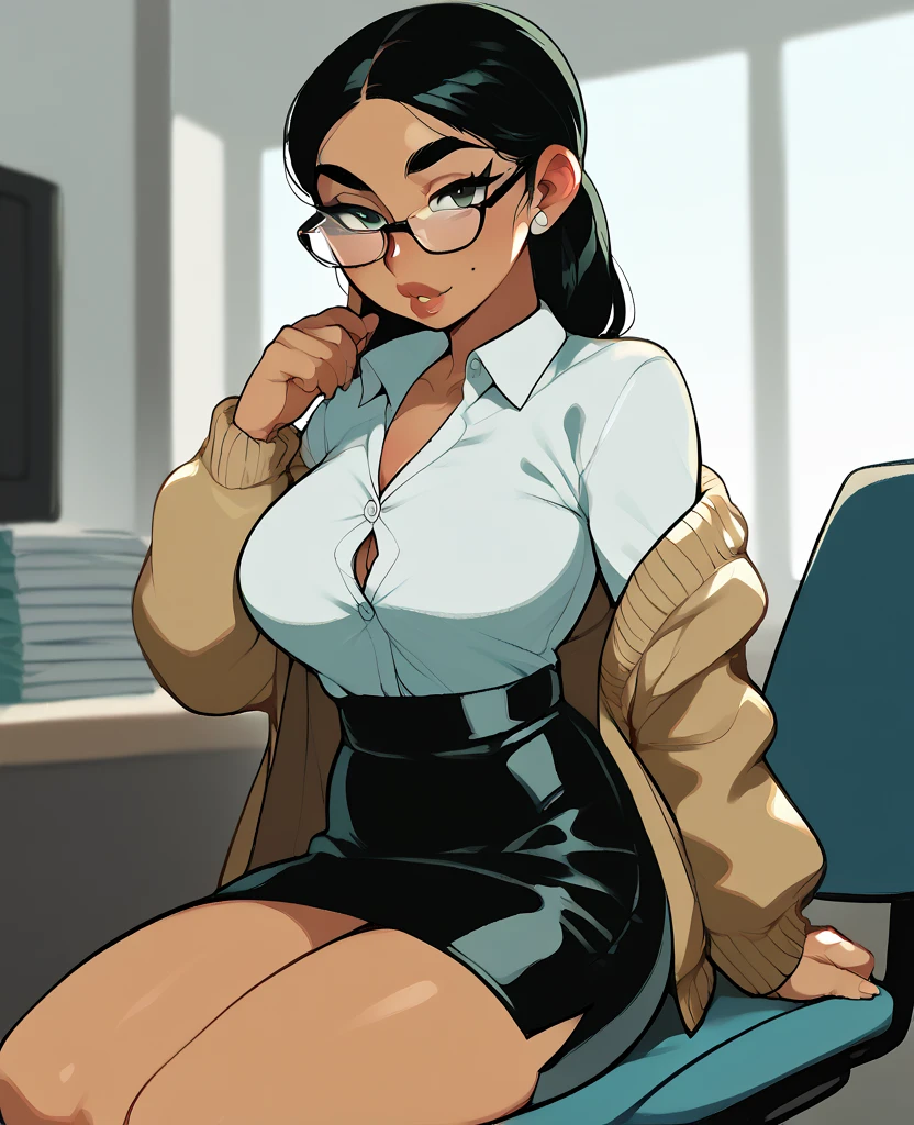 Milf single business woman with big breasts, black hair, blue eyes, earrings, big neckline, big breasts, aesthetic hips, glasses, thick lips, small nose, tight long pants, high heels, marked, big smile, beautiful woman, comic drawing style, white shirt, breasts protrude from lingerie, horse tail, full body