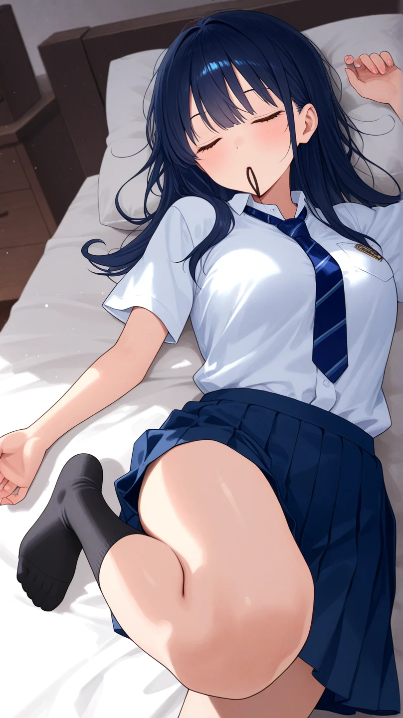 hight resolution、cute little、Amazing beautiful girl,female high-school student、 Anime style, 、17 age、on the bed、A dark-haired、Glamour、Colossal tits、de pele branca、wide-open legs、Very embarrassing、red blush。 Best Quality , Textured skin、 high details, High quality,Semi-long hair、No shoes,nudde,pubick hair、Black short socks、Pubic area、 hair、Open the crotch,、Tsurime,Anime-style eyes,Anime-style nose,Anime-style mouth、Turn your pubic area towards me、Highlights in the eyes、The pubic area is open,Lots of pubic hair、、night lights、pov from down、Tempting、white shirt、Blue tie、 Gray cardigan,I'm showing my pubic area,Lower body nudity、