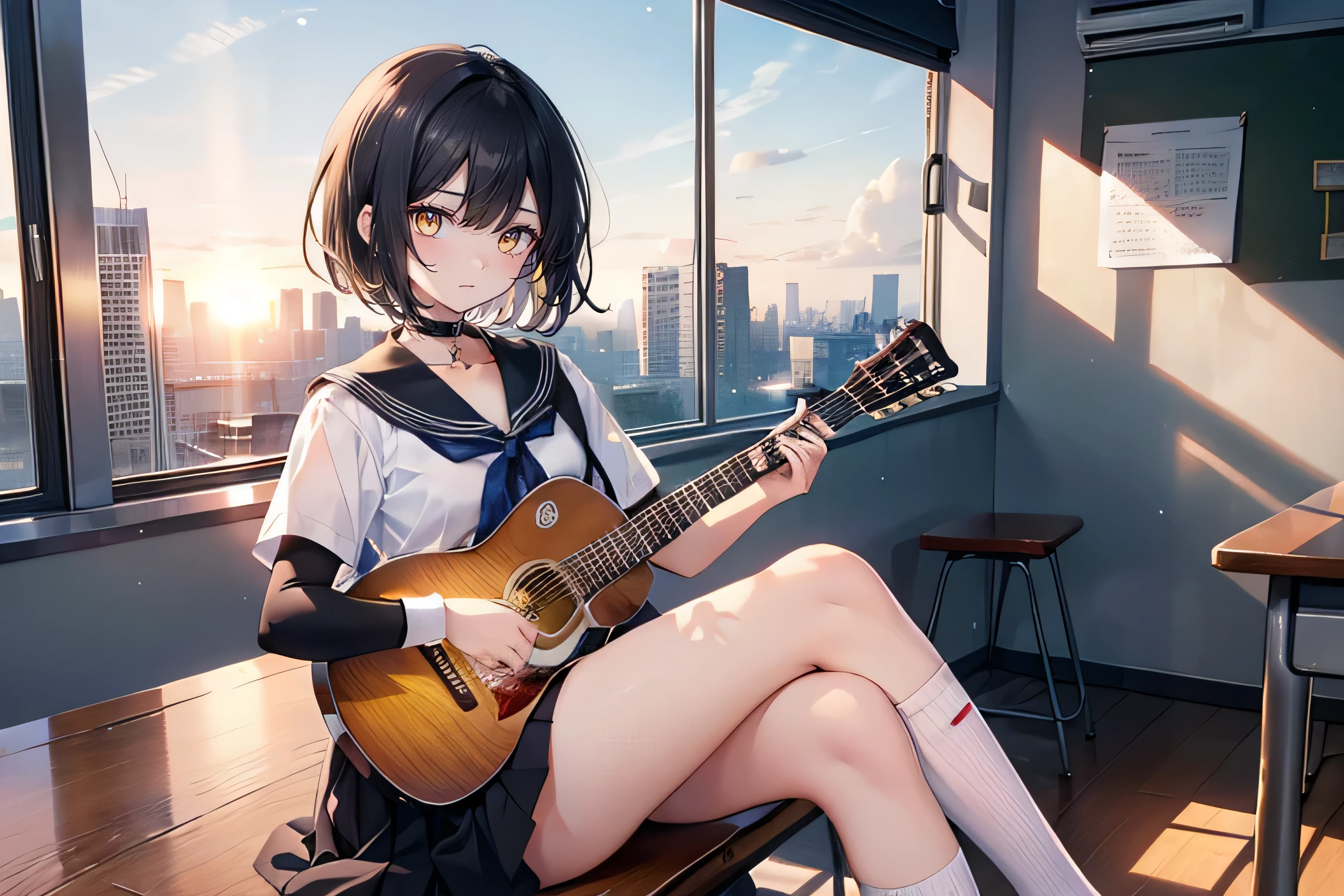 1 girl, sitting down with an acoustic guitar, background, inside of a house sitting, behind a window that showing LA with palm trees, she is facing towards you, looking towards you, with a big smile, full body, sitting on a chair, window in the middle of the wall, (her body is facing toward you,) eyes close, smiling, her head looking down at her guitar,