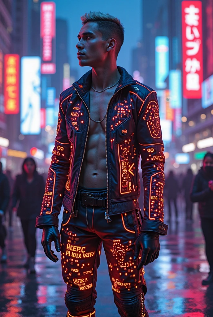 This is a stunning, male cyberpunk photo, showing off his multicolored hair shimmering under the neon lights of a futuristic cityscape. His powerful body is expertly depicted in exquisite detail, showing off its strength and lines that reflect the golden ratio. The background is a graffiti-covered urban landscape, filled with vibrant colors that contrast sharply with his figure. 8K photo quality