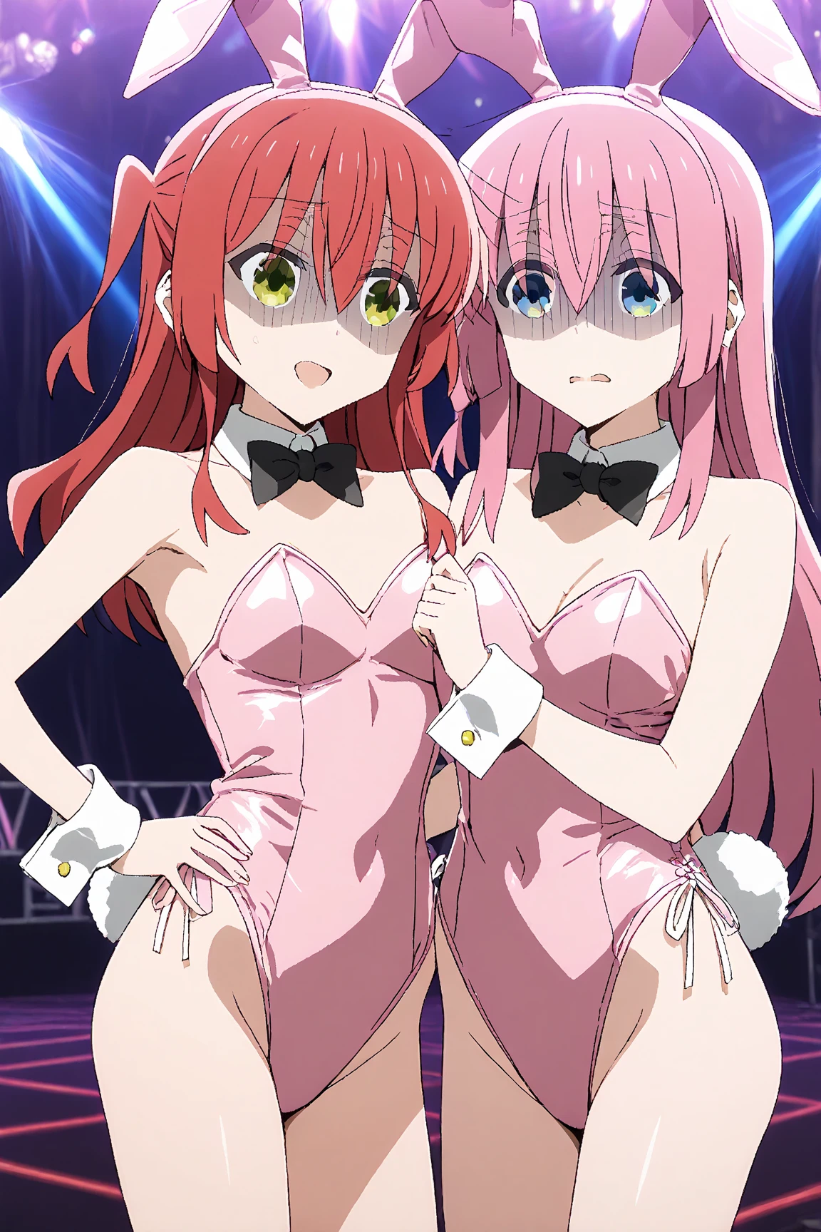 score_10, score_8, sharp, anime screencap, flat colors, flat shadows, BREAK, kohina hiruko, red eyes, enju aihara, BREAK, , dark alleyway, night, trash, brick walls, (naked, flat chest, nipples, (1.3), 1boy, threesome, sex, aex, smile, sh, py, vagina