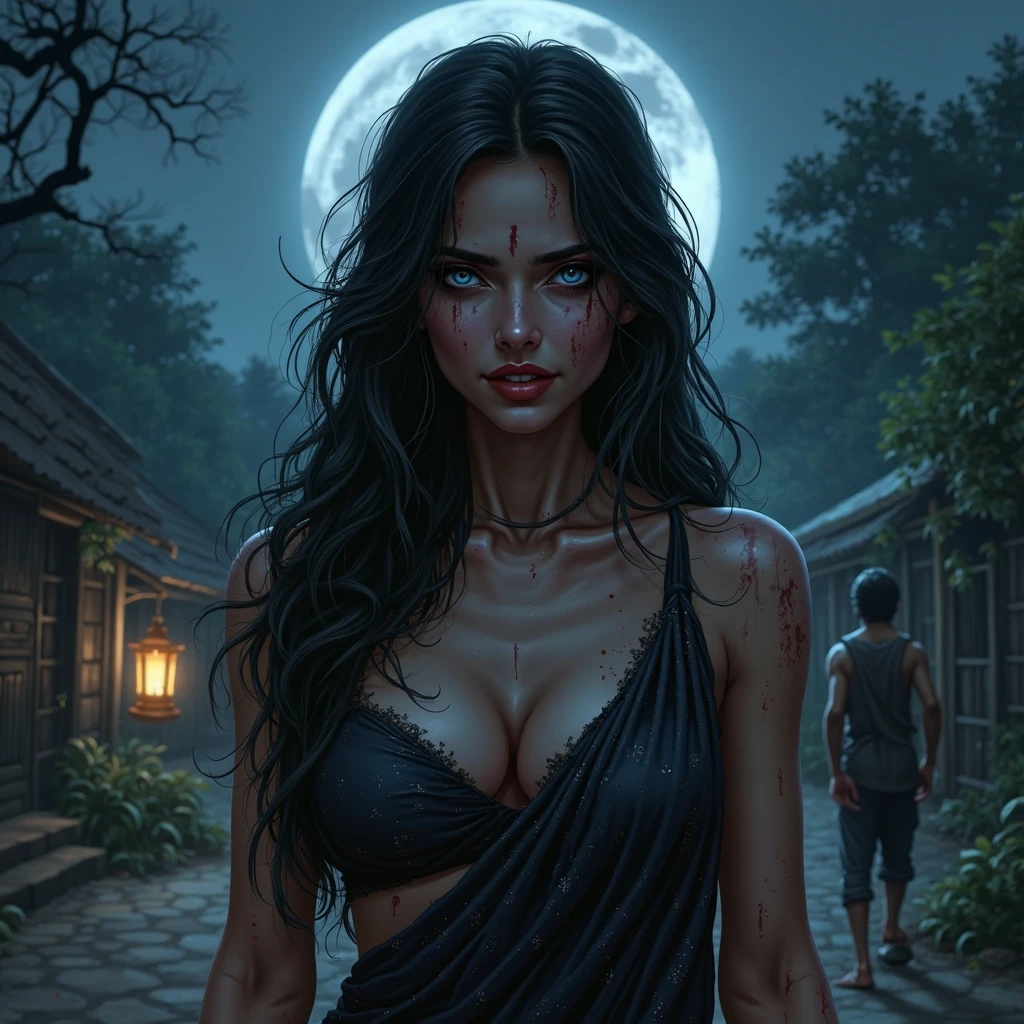 a beautiful woman, 1girl, perfect female humanoid body, wearing jeans and cropped top, perfect body, very attractive, large breasts and big butt, in a dark forest at night under a full moon, hyper realistic, intricate details, oil painting, 8k, cinematic lighting, dramatic colors, moody atmosphere, hyper detailed face and eyes, long eyelashes, flawless skin, volumetric lighting, chiaroscuro, dramatic colors, dramatic lighting, cinematic composition, photorealistic, award winning digital art