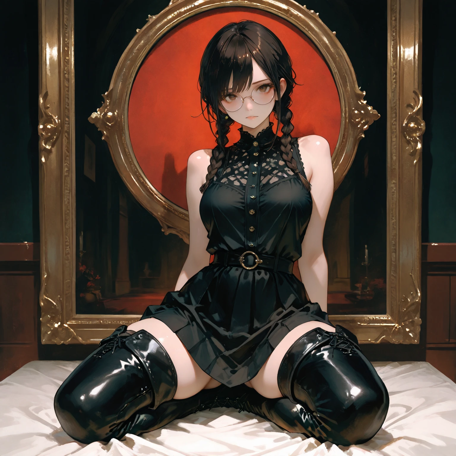 (Gothic style corset), (short hair and ponytail: 1.3, boots to the thighs: 1.2), large breasts, dark tones, dark environment background, mysticism and darkness in the scene., magician bacculo surrounded by dark fire, throwing an echizo, a single person, green eyes, and red rays in the hair, sitting on a sofa with crossed legs