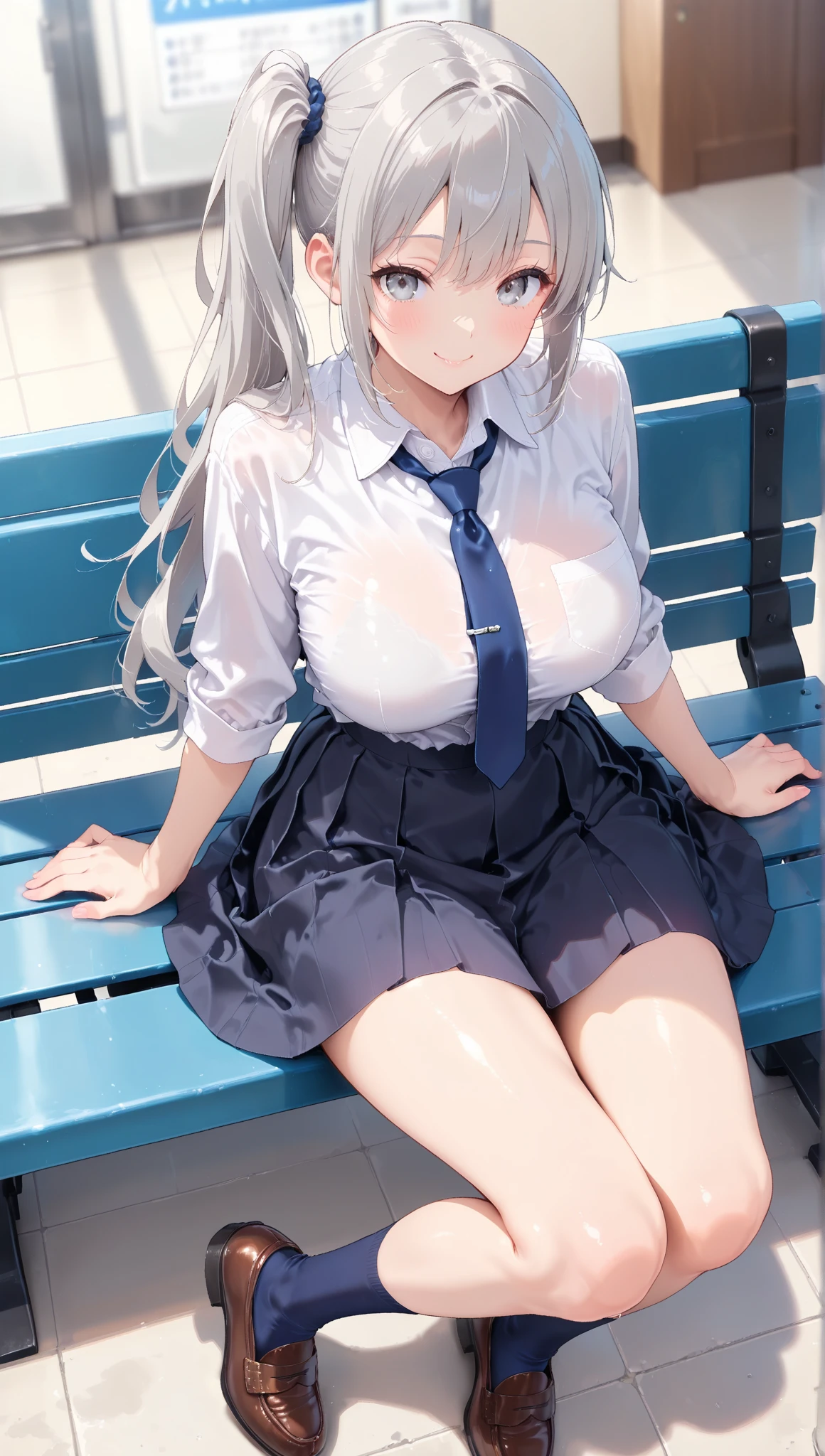 Highest quality、masterpiece、Realistic photos、(Woman with huge saggy breasts:1.2)、、mini skirt、Long silver twin-tails、Red Eyes、Best Style、Thighs、Knee-high socks、Tsundere、School、On the bench、Panties、Cameltoe show