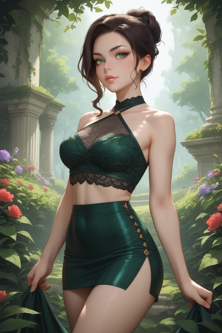 lndswgnr, (Sharp focus: 1.5), (sharp focus:1.2), photo, attractive young woman, (beautiful face:1.1), detailed eyes, luscious lips, (bold red lip colour:0.85), (medium breasts:1.0), (slim body:1.2), wearing (1980s peplum dress:1.2) in a (botanical garden:1.2). (moody lighting:1.2), depth of field, bokeh, 4K, HDR. by (James C. Christensen:1.2|Jeremy Lipking:1.1).