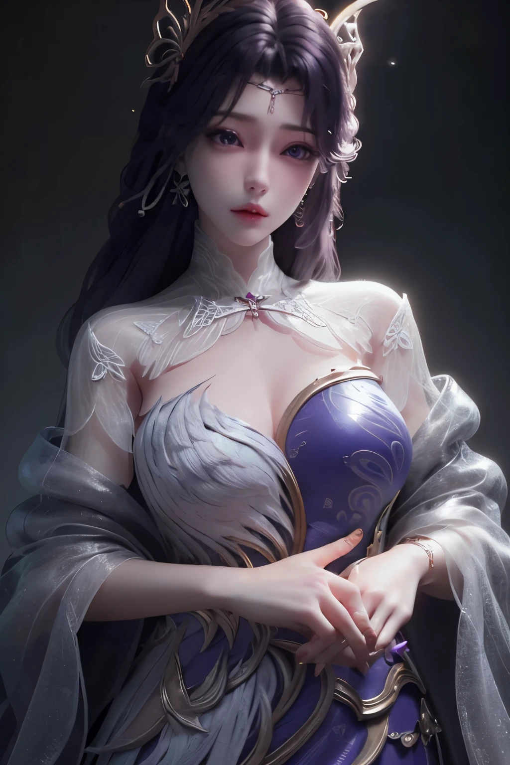 breathtaking yunxi,1girl,dress,hair ornament,long hair,solo,jewelry,amethyst earrings,(white background:1.3),earrings,purple dress,purple hair,see-through,butterfly, . award-winning, professional, highly detailed, best quality , masterpiece, illustration, an extremely delicate and beautiful, extremely detailed ,CG,unity,8k wallpaper, Amazing, finely detail, masterpiece, best quality,official art,extremely detailed CG unity 8k wallpaper,absurdres, incredibly absurdres, huge filesize , ultra-detailed, highres, extremely detailed,beautiful detailed girl, extremely detailed eyes and face, beautiful detailed eyes,light on face,