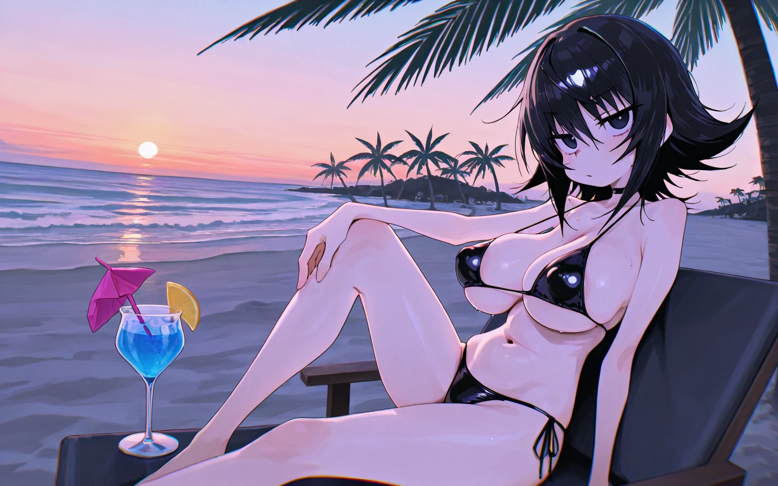 Six people,woman,There is a sense of distance,Sexy bikini swimsuit,red hair purple eyes,Blue hair and green eyes,Black hair, blue eyes,White hair and golden eyes,get beach ball