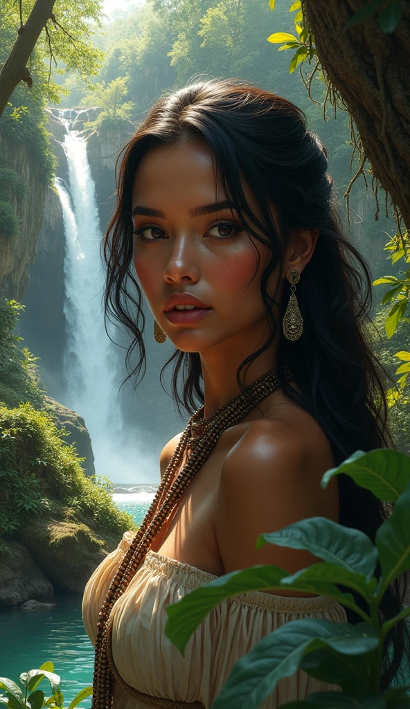 a portrait photo, (American plane) native, indigenous, tribal, natural skin texture, 35mm, 4k textures, dirty skin, soft cinematic light, Adobe Lightroom, Photolab, , tattoos, masterpiece, (beautiful detailed light brown eyes: 1.1), best quality, illustration, (detailed lighting: 1.2), (beautiful detailed brightness: 1.3), swimwear in white color, deep neckline, intricate, soft and sharp focus, End of the World,  Epic Realistic, (HDR:1.4), (Muted Colors:1.4), Neutral Colors, Sunbeams, Refractions of Screen Space, (Intricate Details, Hyperdetailed:1.3), Cinematic Photo, Vignette, Waterfall Background, Waterfall, Dark Colors, Sensual --auto
