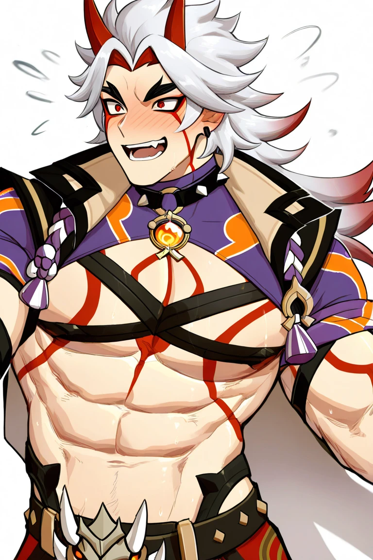 Arataki Itto from genshin impact, A handsome man with a big chest!!! Big chest!!! Big pectorals!!! Round chest!!! Large chest!!! attractive male, sexy masculine, handsome male, oppai, oppai proportions, cinematic lighting, high contrast, vivid colors, 8k, masterpiece