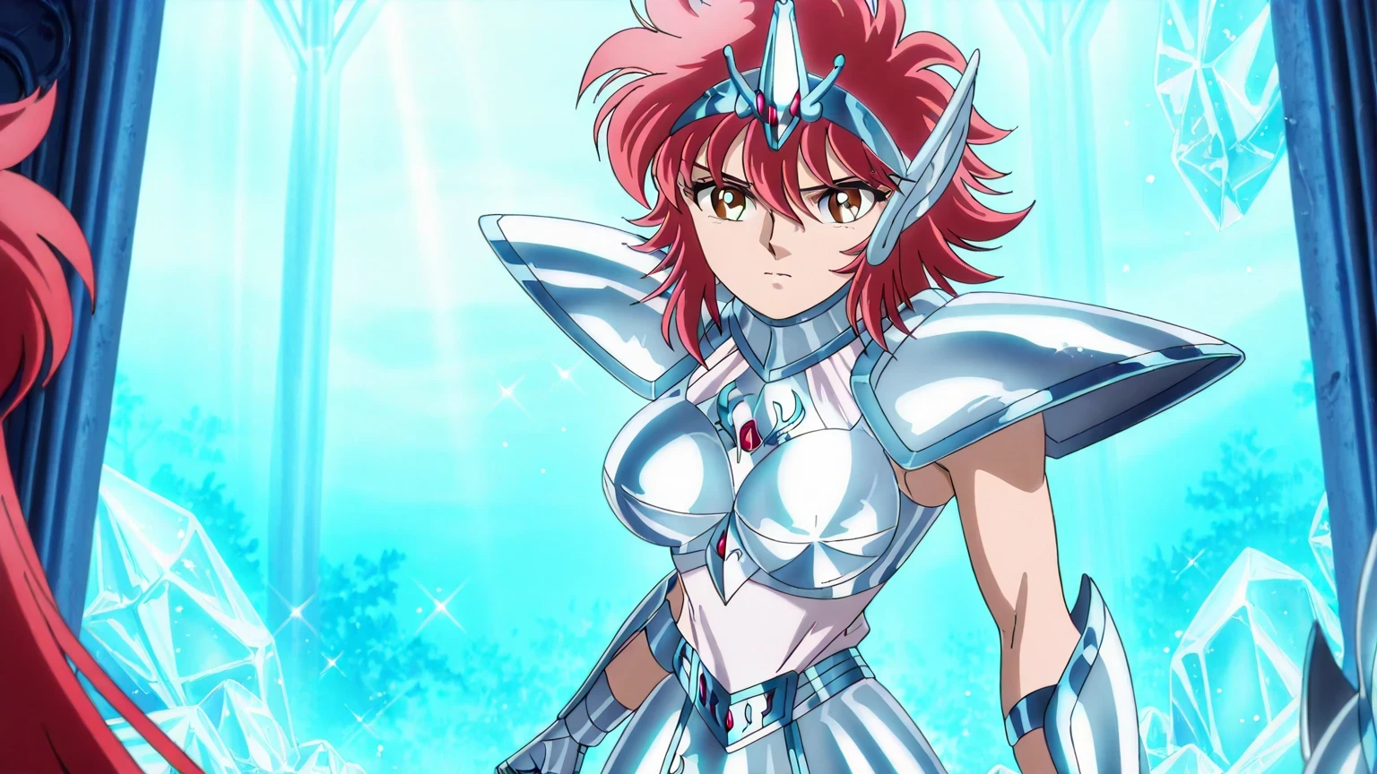 score 9 , score 8 up, score 7 up, source anime, anime coloring, 1girl, shouko, girl is wearing a white leotard outfit, zodiac girl knight, , Portrait of a Zodiac girl Knight, short hair, red hair, brown eyes, bangs, messy hair, sidelocks hair, medium hair, Hair between the eyes, red hair, floating hair, toned body, muscular girl, biceps, triceps, deltoids, shining Ruby armor, Enchanting princess knight, Clad in light armor, leotard armor girl, under leotard with an white, leotard under armor, high leg cut, big breasts, large breasts, オッパイ, shiny Ruby armor, shiny Ruby armor, galaxy princess, crystal Ruby armor, shoulder armors, breastplate armor, 王女としての王様賛美歌, armor with an cyrstal ruby, best quality anime art style, official anime art style, Smooth anime CG art, official anime style, princess knight, Digital Comics art, official anime artwork, girl Warrior, Ruby princess, Ruby Reflective Armor, Equuleus Armor, Equuleus Helmet, gloves, fingerless gloves, cowboy shot, solo focus, looking at viewer, female focus,