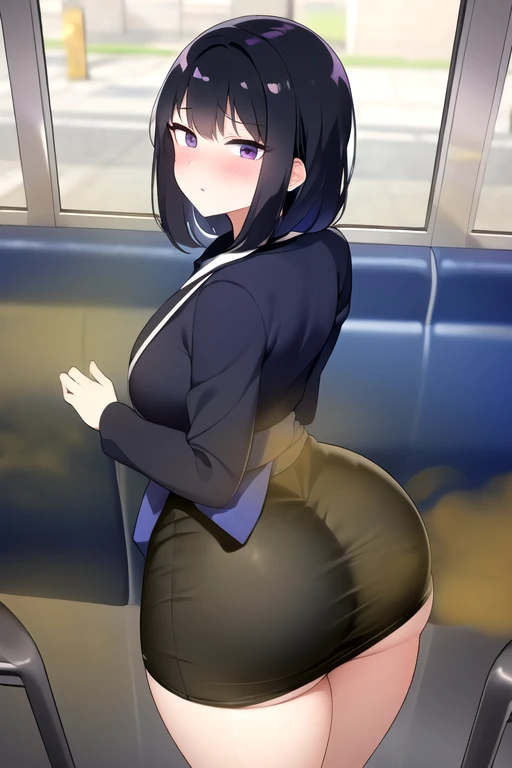 (nsfw),masterpiece,ultra detailed,sharp focus,4k digital art,high resolution,from behind,back shot,( blushed and aroused:1.3),(ass grab,pov hands on female's buttocks,other's hand on her ass:1.5),(school cardigan:1.3),dress shirt,black socks,(navy and pleated skirt),( black hair,medium straight hair),(sweaty:1.2),grinning,(trembling,flying heart-shapes),(standing in crowded train,japanese train:1.1),(sexy and laced red undies),loafers,leaning on train door,,curvy ass,drooling,heart pupils,puffy nipples