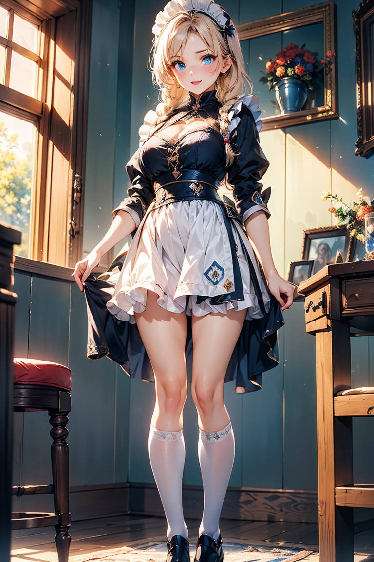 (masterpiece, best quality, ultra detailed, absurdres)1.5, 1girl, (sexy, beautiful woman, perfect face, perfect eyes, perfect female body, huge breasts)1.5, (maid, blue dress, white apron, black thighhighs, blue garter belt, blue high heels, short hair, blonde hair, blunt bangs, white underbust corset, <lora:underbust_corset-1.0:0.8>, <lora:cute_maid-1.0:0.8>), (standing, modern mansion, skirt lift), perfect lighting, smooth, hdr