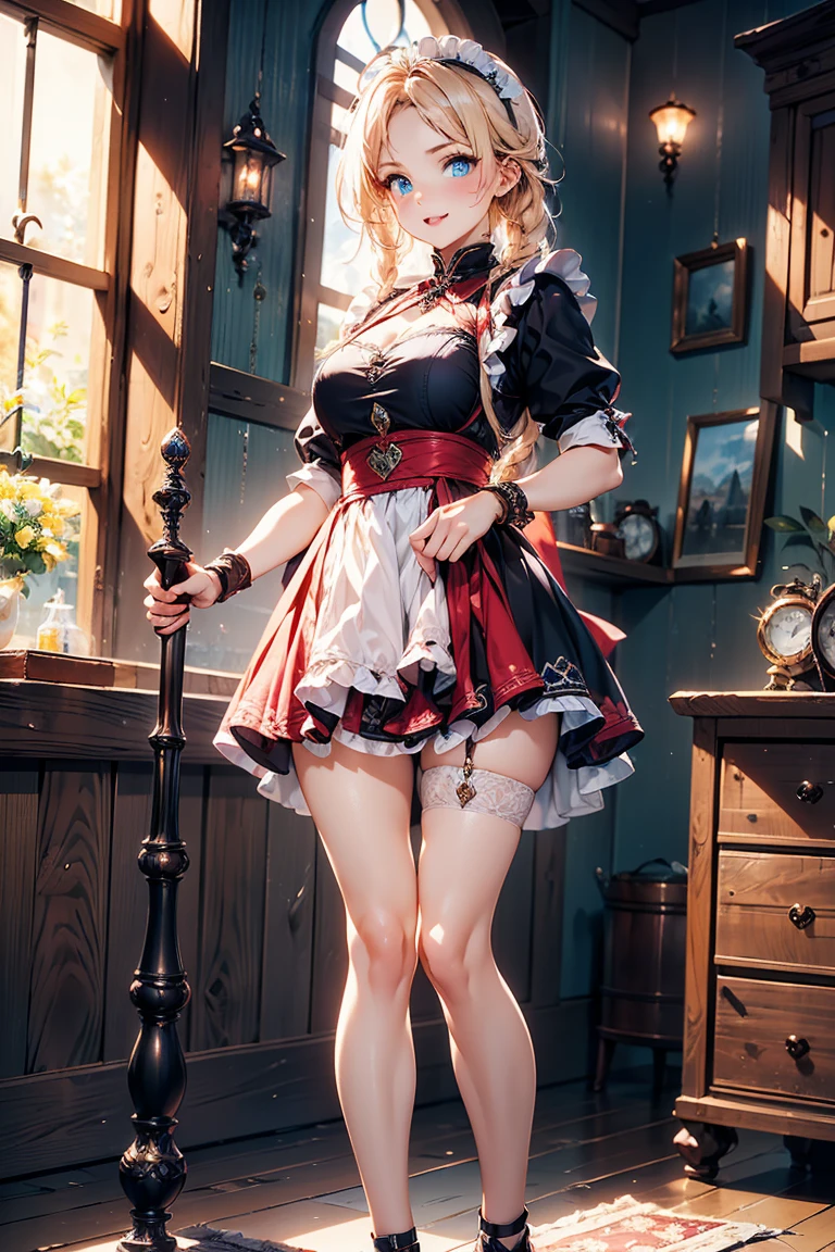 ((Masterpiece, Superb Piece), Movie Lights, 1girl, solo, full body, td girl, redhead, short hair, ahoge, bun, bun cover, red eye, solo, maid outfit, big breasts, calm, indoor, stockings --auto --s2