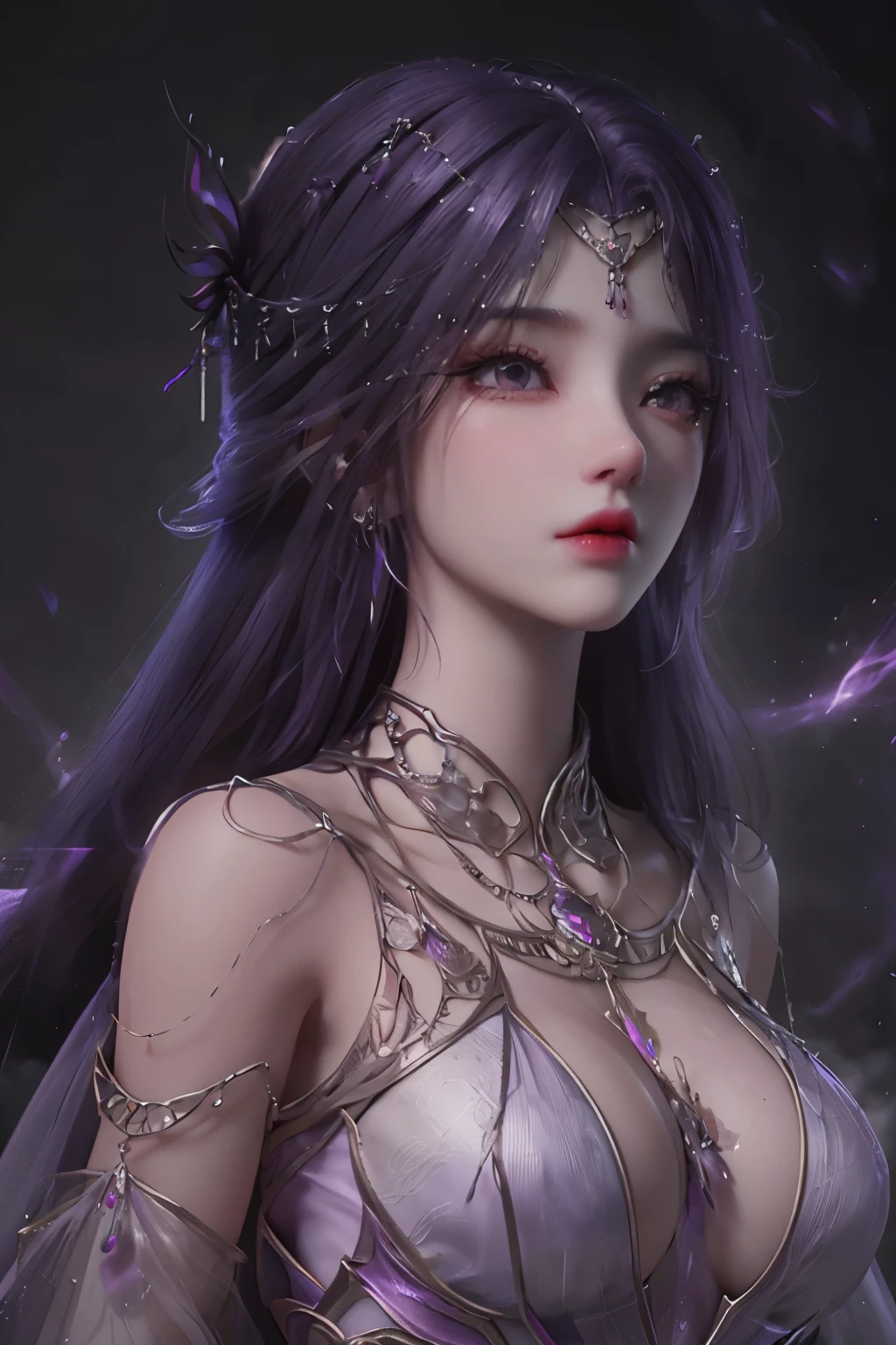 breathtaking yunxi,1girl,solo,hair ornament,purple hair,long hair,jewelry,dress,upper body,magic,purple dress,bare shoulders,earrings,bracelet,backlighting,beautiful detailed eyes,Very detailed eyes,night,magic,Purple flame,Luminous background,Glowing hair,exhaust,light particles,(black background:1.2),star halo, . award-winning, professional, highly detailed, best quality , masterpiece, illustration, an extremely delicate and beautiful, extremely detailed ,CG,unity,8k wallpaper, Amazing, finely detail, masterpiece, best quality,official art,extremely detailed CG unity 8k wallpaper,absurdres, incredibly absurdres, huge filesize , ultra-detailed, highres, extremely detailed,beautiful detailed girl, extremely detailed eyes and face, beautiful detailed eyes,light on face,