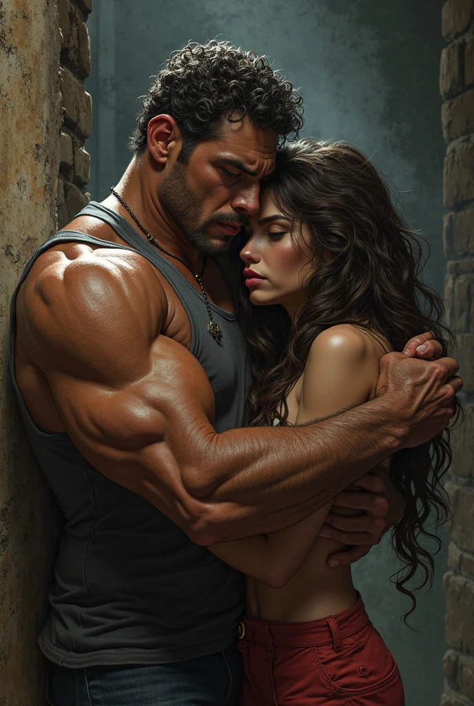 Image as if it were a book, in HQ, a carpenter in a dirty old tank top, with a blue goat, the stubble, e a appearance of 45 years. Next to him a woman with a red dress tight to her body, black hair and tied up, with a loose lock of hair, appearance of 45 years