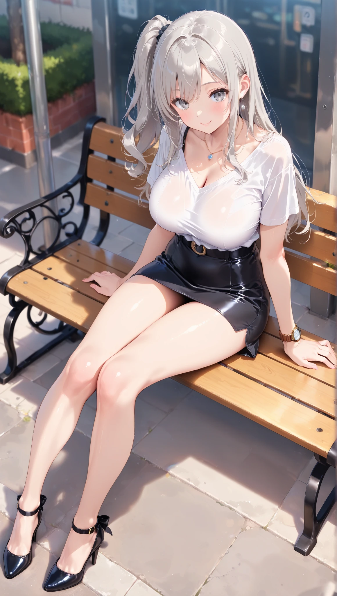 best quality, 4k, masterpiece:1.2, ultra-detailed, realistic:1.37, sexy, seductive, Korean fashion model, black dress, sitting on a chair, transparent gray skirt, mesh blouse, chrome clothing, shiny silver, lucky me looking, large busty, HDR, UHD, studio lighting, physically-based rendering, extreme detail description, professional, vivid colors, bokeh