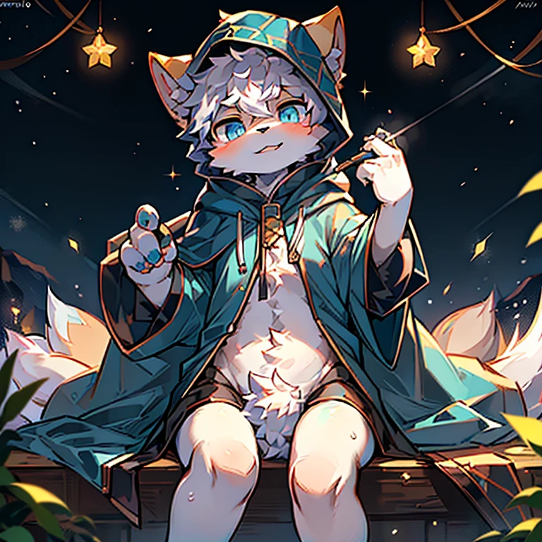 deer, solo, young, cub, chibi, (blue eyes), ((large witch hat)), (((brown hat))), ((nude)), (blonde hair), (short hair), short deer tail. ((light brown body)), (short brown antlers), short snout, ((canine penis)), ((knot)), balls, standing, ((magical background)), Very good figure, best quality, highres, 16k, Natural soft light, Tyndall effect, Advanced film lighting, Unreal Engine5, Extremely realistic, A high resolution, perfect masterpiece, high quality, high resolution
