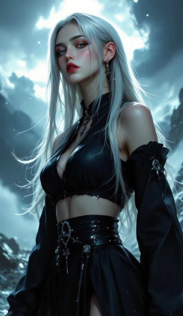 (Positive Focus), (In the Dark: 1.6), Surrealistic Female Portraits by David Hockney and Alphonse Mucha, Fantasy Art, Photo Realisticity, Dynamic Lighting, Art Station, Poster, Volumetric Lighting, Very Detailed Faces, 4 K, Award-Winning 1 Girl, In the Dark, Deep Shadows, Understated, Cowboy Shots, (Official Costume: 1.4), Long Hair, Gray Hair, Smile, Ultra-detailed Skin,