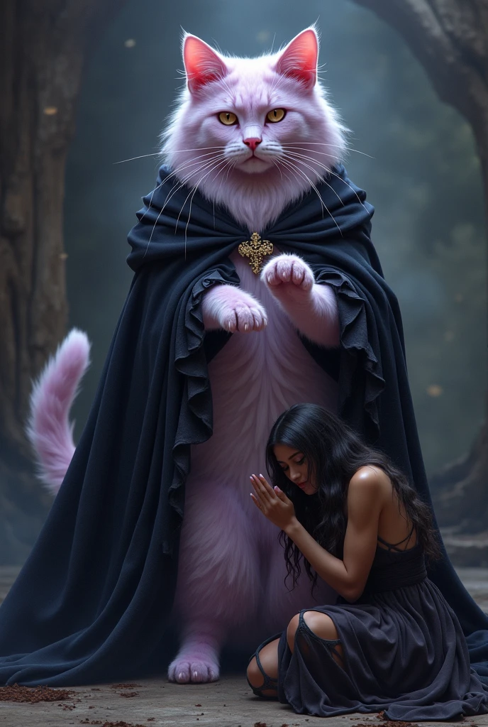 an incredibly beautiful cat wearing a black cloak、Pink soft cat-like paws、The slave man burying his face in fluffy legs、The slave woman is kneeling with an ecstatic expression、