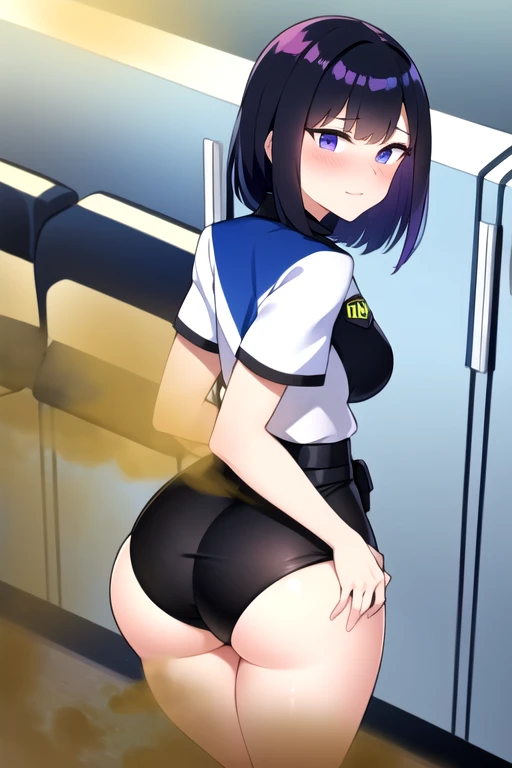 1girl, tan skin, tan, tan-skinned female, from behind, ass, ass focus, thong, jacket, smile, smirk, smug, breasts, huge ass, thick thighs, mature female, black hair, very short hair, blue eyes, forest, black jacket, hooded jacket, belt, 
